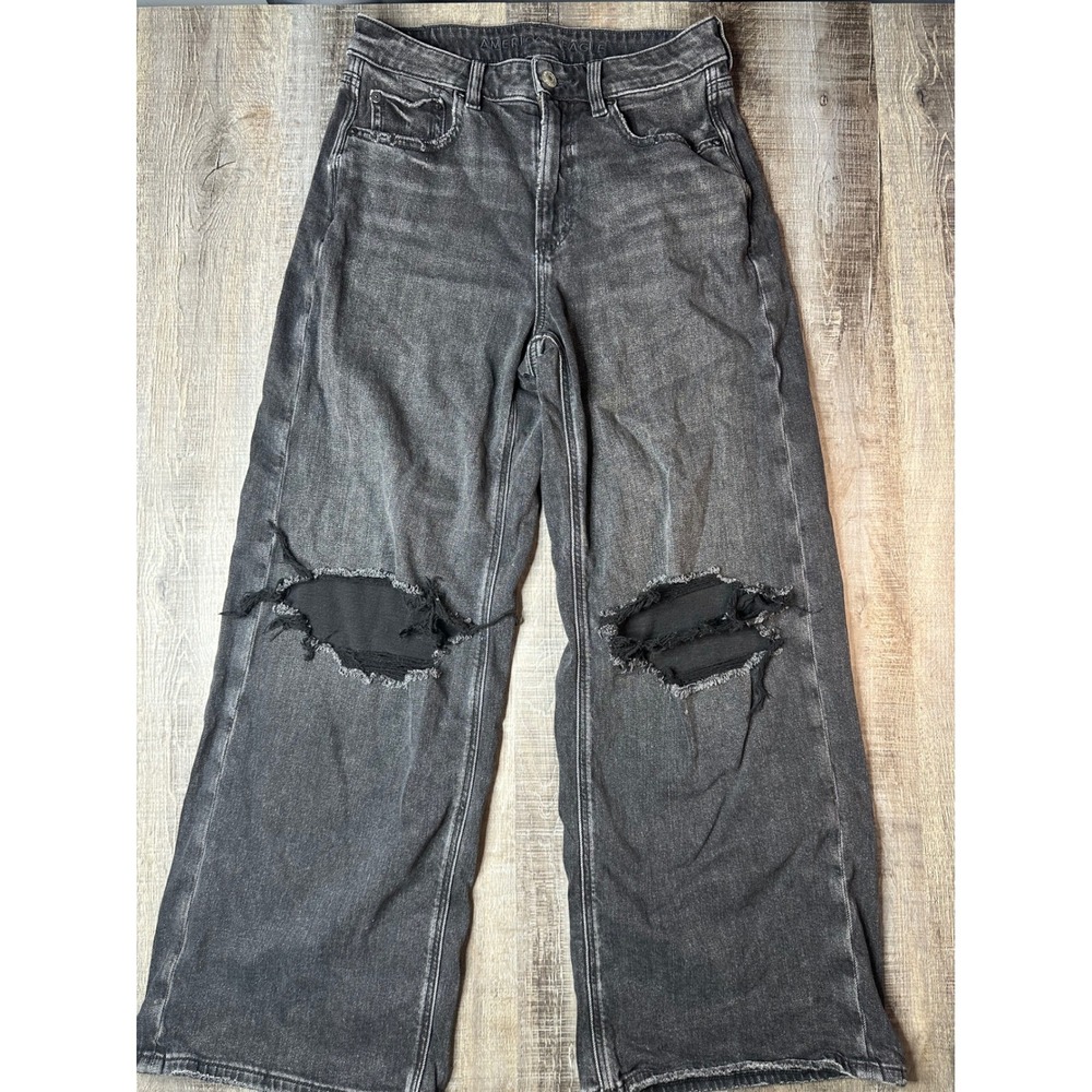 American Eagle Women 4 Short Wide Leg Jeans Black Distressed High Rise Stretch